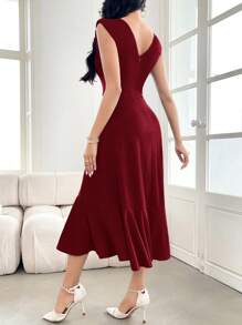 Modelyn Vestido elegante de mujer de unicolor con cuello redondo, volantes y plisados en el bajo