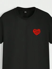 Manfinity Homme Valentine's Day Romantic Red Heart Print Men's Fashion Casual Black Raglan T-Shirt - Black - View 3