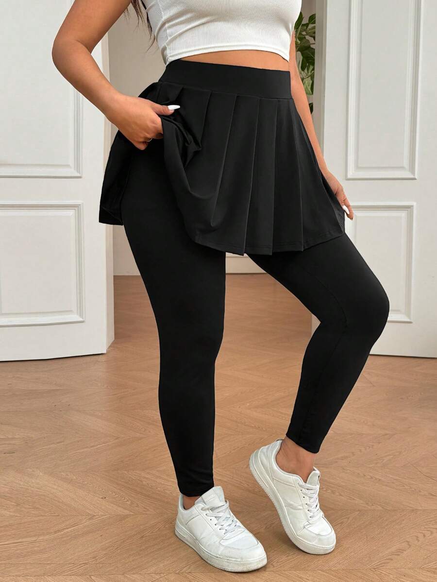 SHEIN EZwear Plus Size Solid Color Pleated Simple Leggings, Casual Everyday Wear