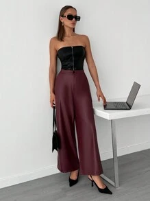 RueChic NEW SEASON COLOR BURGUNDY LEATHER WIDELEG PANTS - Burgundy - View 3