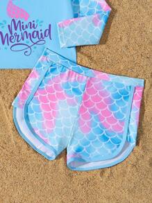 Young Girl Round Neck Long Sleeve Printed Simple Top And Bottoms Swimwear Set