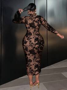 Slaydiva 仿蕾丝玫瑰花卉印花休闲简约大码长袖修身连衣裙，适合夏季 - 彩色 - 查看 2