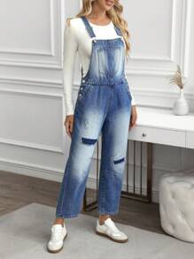 SHEIN LUNE Mono vaquero versátil de pierna recta y bolsillos rasgados para mujer