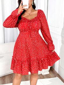 Franclia Plus Size Sweetheart Collar Ruffle Hem Long Sleeve Simple Short Dress,Valentine