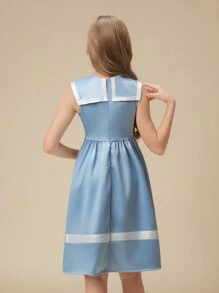 Đầm nữ mùa hè thanh lịch quyến rũ cổ xanh navy không tay eo cao eo cao nơ tương phản trang trí phong cách trường học - Màu xanh lam - Xem 2