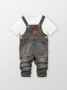 Baby Boys' Casual Adjustable Soft Washed Denim Bib Pants, Comfortable And Fashionable For Spring & Autumn - Dark Grey - View 1