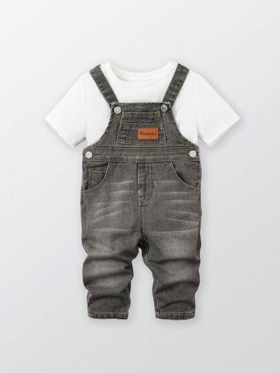 男婴休闲可调节柔软水洗牛仔背带裤，舒适时尚，适合春秋季节