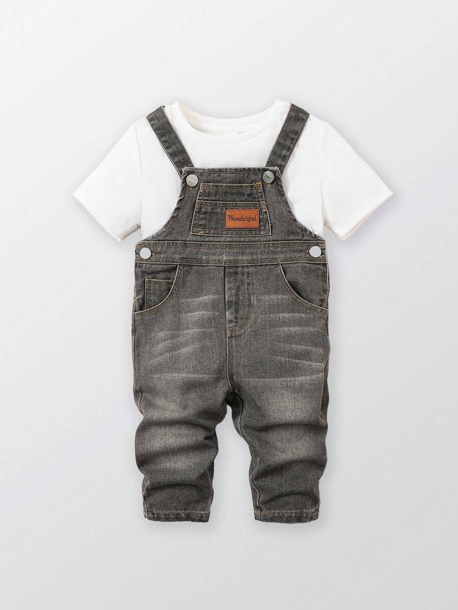 Baby Boys' Casual Adjustable Soft Washed Denim Bib Pants, Comfortable And Fashionable For Spring & Autumn - Dark Grey - View 1