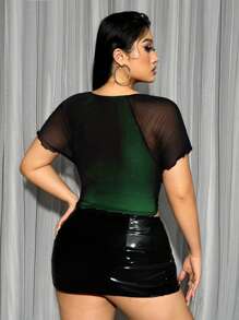 SHEIN ICON Plus Size Pleated Bust Knot Front Lettuce Trim Mesh Summer Top - Dark Green - View 5