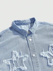 ROMWE MEN Street Life Men's Casual Washed Denim Top With Star Applique And Frayed Edge - Bronze - View 3