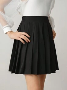 SHEIN Elladie kids 青少年女孩简约高腰 A 字迷你百褶裙，适合日常休闲装、校园风格、夏季、返校装、早春装 - 黑色 - 查看 5