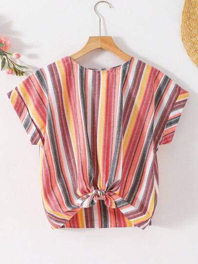 SHEIN Leap Crew 少女休闲条纹系带下摆短袖衬衫