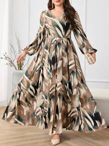 Modelyn Plus Size Women All-Over Print V-Neck Lantern Sleeve Elegant Dress - Multicolor - View 4