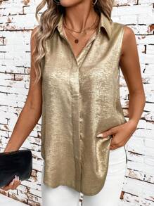 Ellevyn Gold Metallic Coated Sleeveless Fitted Blouse For Women Summer For Women Teacher For Women Business Casual Woman Gold Country Women Summer Women Business Casual - Gold - View 6