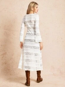 Poéselle Robe longue simple et décontractée à manches longues avec nœud devant, couleur unie. Vêtements bohèmes pour femmes, robe de style bohème, robe en dentelle, tenue bohème, western, Nashville, tenue de concert - Nude - Voir 2