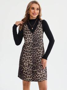 SHEIN LUNE 秋冬新款豹纹吊带休闲街头机场风女士短裙豹纹连衣裙豹纹连衣裙套头连衣裙工装裤 - 棕色 - 查看 4