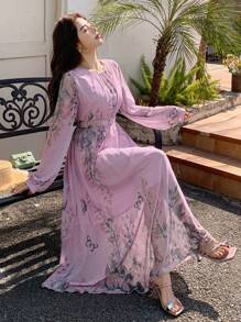 DAZY Vestido de mujer con cuello redondo, manga abullonada y estampado floral hasta la pantorrilla, vestido de otoño