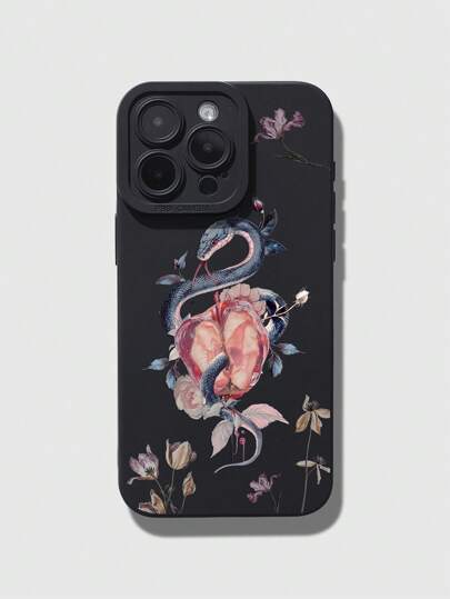 J-Fashion 1 pezzo Custodia telefonica nera antiscivolo opaca in TPU con stampa a motivi di serpenti e floreali compatibile con iPhone