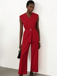 Aveloria Modichic Elegant Vest Jacket And Straight Wide Leg Pants Suit, For Commuting - Red - View 6
