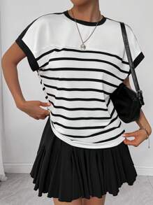 Chiquease 女士短袖 T 恤，夏季服装，拼布，条纹，色块 - 黑與白 - 查看 4