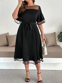 SHEIN Clasi Plus Size Women's Solid Color Mesh Splicing Round Neck Ruffle Sleeve Elegant A-Line Dress, Plus Size Women's Solid Color Mesh Splicing Round Neck Ruffle Sleeve Elegant A-Line Dress, Going Outfits, Women's Maxi Dresses, Long Dresses, Elegant Midi Dresses, Elegant Dresses, Elegant Dresses, Elegant Dresses, Elegant Wedding Dresses, Elegant Midi Dresses, Women's Black Dresses, Women's Spring And Summer Dresses, Women's Resort Dresses - Black - View 5