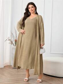 Al Najma Plus Size 2pcs Solid Long Sleeve Cover Up Dress - Khaki - View 5