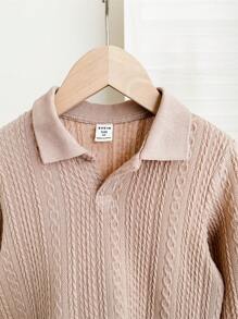 SHEIN Kids/Young Boys Casual Korean Style Loose Knitted Collared Pullover Polo Shirt, Suitable For School, Garden, Beach, Birthday, Spring, Summer, Autumn, Winter Seasons - Khaki - View 5
