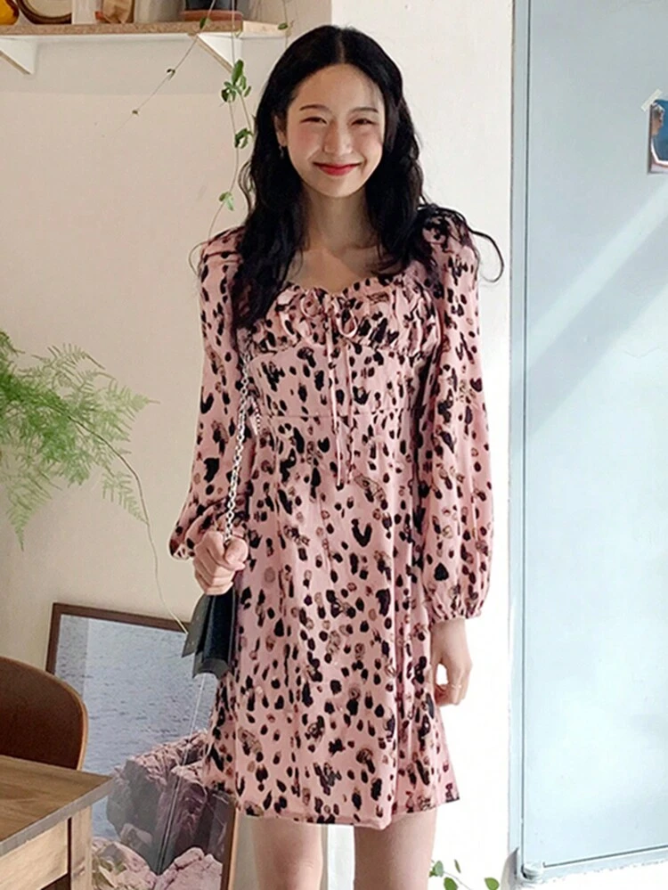 Women's Floral Leopard Print Drawstring Lantern Sleeve Fitted Mini Dress, Spring/Summer/Autumn DrapedDress Pink Milkmaid Dress Long Sleeve Dress