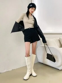 DAZY 半开襟拼接细节长袖女式T恤 - 卡其色 - 查看 7