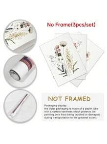 3 套水彩海报、花卉设计画、植物插图艺术版画、自然风格艺术帆布印刷壁画、优雅花卉画、柔和粉彩色系家居装饰、墙壁艺术、房间美学、海报、理想礼物，适用于客厅、卧室、浴室、办公室、咖啡厅 - 彩色 - 查看 4