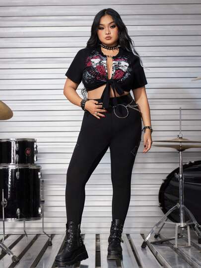 Grunge Punk Blusa con estampado de calavera y rosa para atar al frente, talla grande, para verano