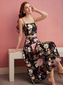 MOTF PREMIUM Conjunto de top de tirantes con estampado floral y falda evasé - Multicolor - Ver 1