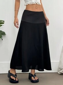 Flirla Black Satin Waist Spliced Textured Fabric Minimalist A-Line Skirt, Elegant & Versatile Slimming Fall Cloth For Women - Black - View 1