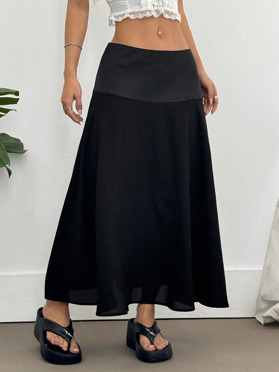 Flirla Black Satin Waist Spliced Textured Fabric Minimalist A-Line Skirt, Elegant & Versatile Slimming Fall Cloth For Women - Black - View 1