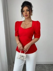 Elenzga Red Contrast Color Bowknot Strap Back Shirt - Red - View 4
