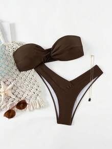 SHEIN Swim Damen Springbreak einfarbiger, sexy modischer verdrehter Bandeau 2-teiliger Bikini-Badeanzug-Set, Sommer Festival Boho - Kaffeebraun - Übersicht 6