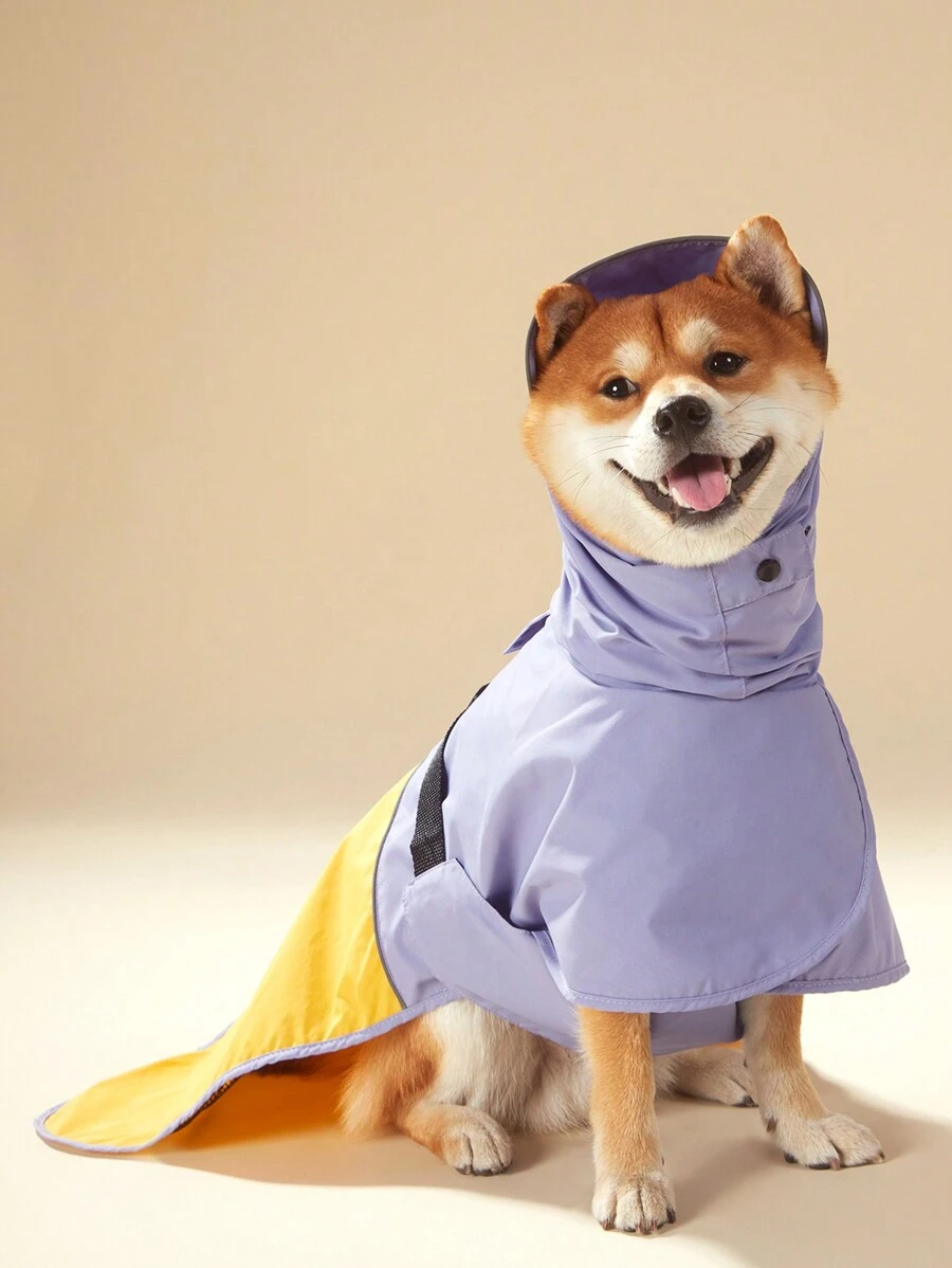 PETSIN 1 件宠物雨衣，紫色香芋色拼接，时尚高领连帽反光雨衣防水可调节扣狗斗篷雨披 - 彩色 - 查看 1