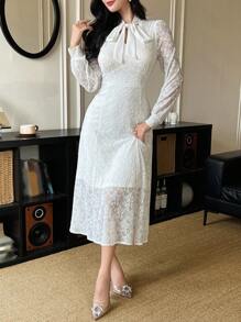 DAZY Women Elegant Solid Color Lace Ribbon Collar Puff Sleeve Mid-Length Dress Prom Dress