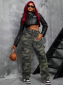 SHEIN SXY Plus Size Stretch Denim Camouflage Print Cargo Straight Leg Pants - Multicolor - View 5