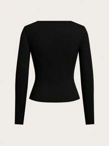 SHEIN EZwear Women's Knight Print Round Neck Long Sleeve Button-Up Casual T-Shirt - Black - View 9