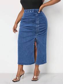 SHEIN Lady Plus Size Women's Denim Skirt Sexy Skinny Pleated Midi Skirt Blue Denim Skirt Long Women Skirts Sexy Blue Dress Women Skirts Thanksgiving Women Outfit Sexy Women Outfits