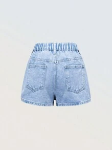 Denimly 少女潮流流行铆钉五角星松紧腰拉链门襟水洗牛仔短裤