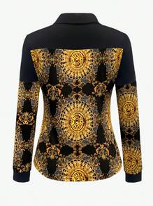 SHEIN LUNE Women's Front Button Long Sleeve Solid Color Patchwork Casual Shirt Fall Cloth For Women - Yellow - View 2