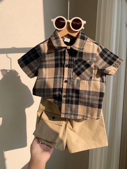 2件套男婴卡其色格子短袖衬衫和休闲短裤套装