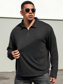 Manfinity Homme 加大码男士休闲纯色长袖Polo衫，秋季款 - 黑色 - 查看 4