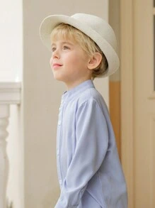 Souflis Souflis 2 件套男童复古法式纹理立领长袖衬衫 + 短裤，春夏 - 淺藍色 - 查看 3