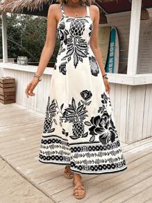 Breezaya 女士热带印花细肩带褶皱腰飘逸连衣裙，度假风格