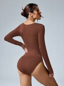 Easithlete 1 件女式纯色甜心领长袖修身无缝紧身衣 - 咖啡棕 - 查看 7