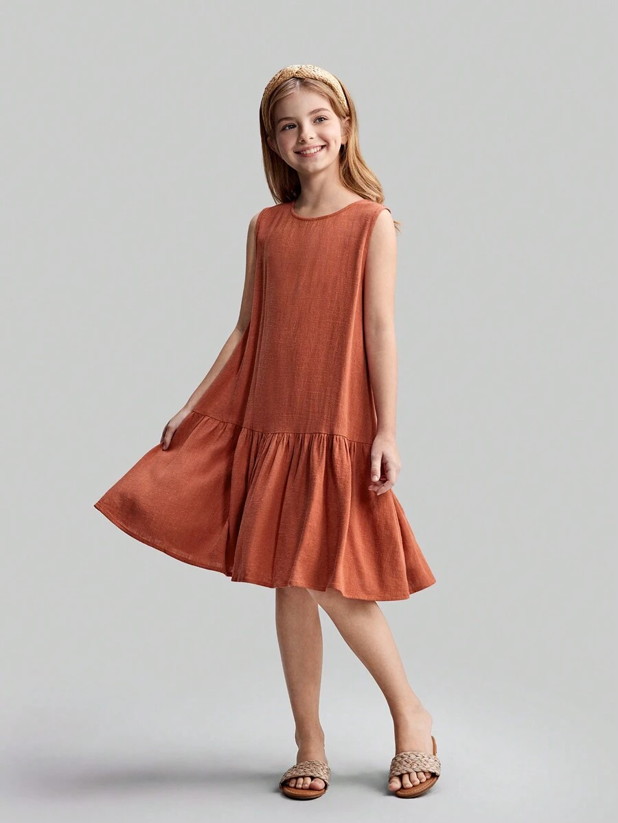 Ontre 青少年女孩宽松休闲短款纯色荷叶边下摆连衣裙 - 鏽棕色 - 查看 1
