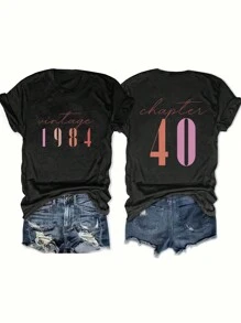 INAWLY 经典 1984 女士短袖休闲 T 恤，适合节日、周年纪念、派对场合、四季上衣 - 黑色 - 查看 1